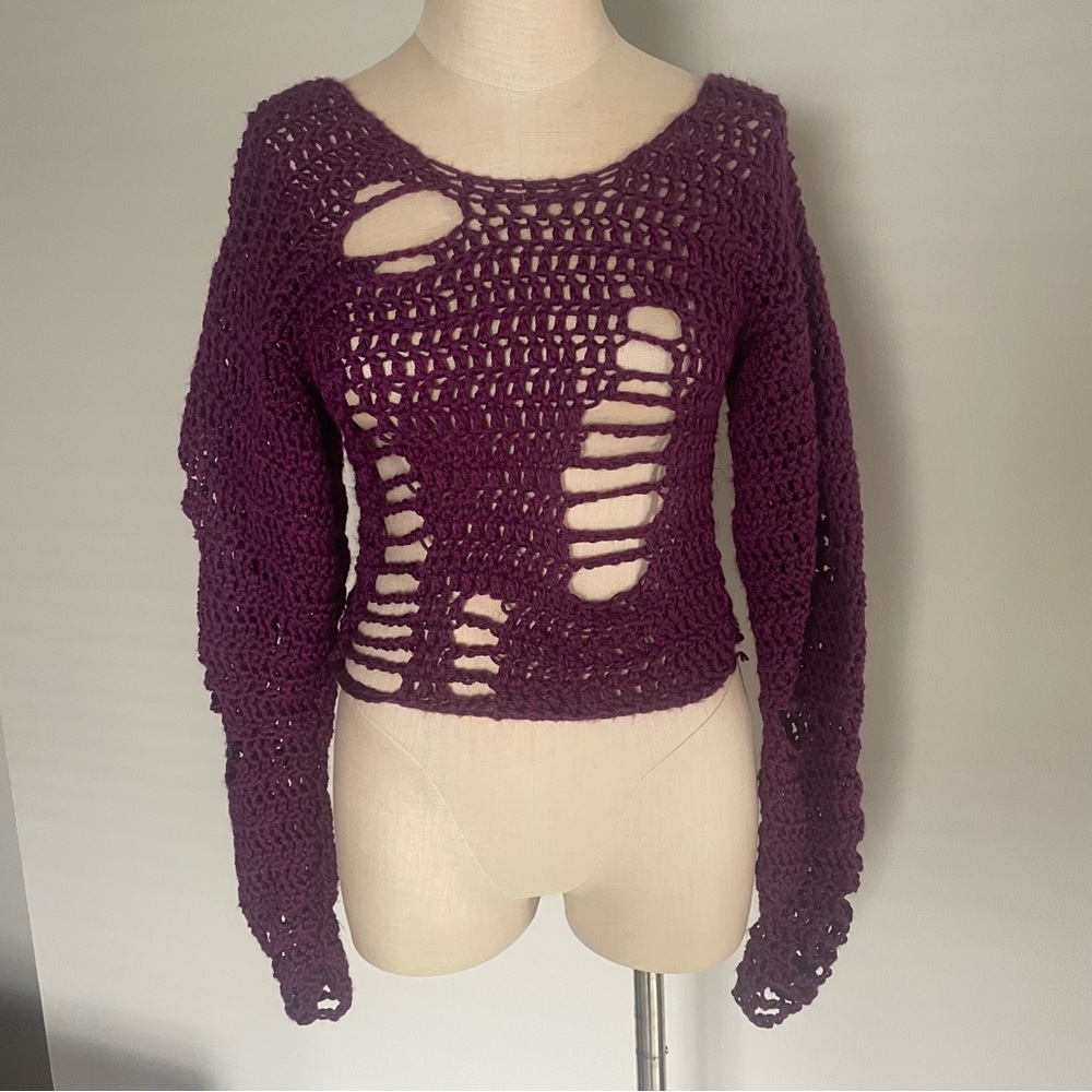 Handmade crochet burgundy distressed look sweater.